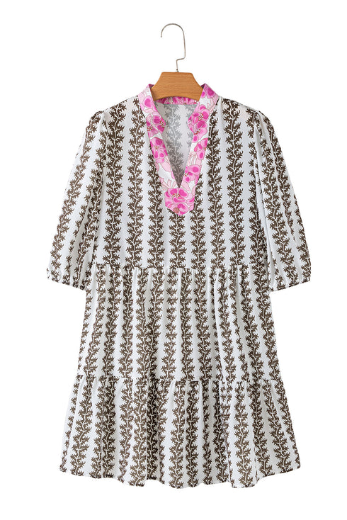 Black Contrast Floral V Neck Printed Bracelet Sleeve Dress